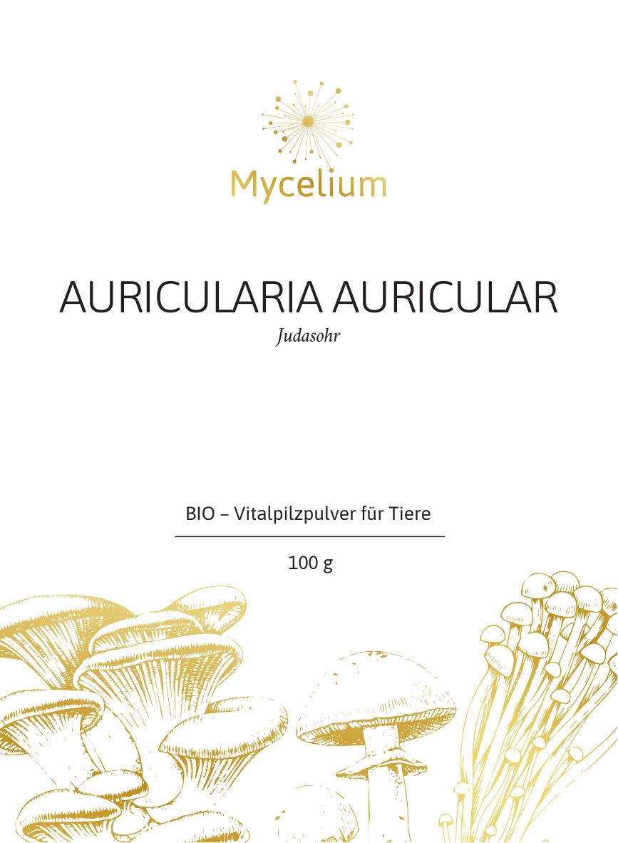 BIO Auricularia Auricular 100g Pulver für Tiere – Verbesserung der Tiergesundheit mit biologischen Heilpilzen (Vorderseite)
