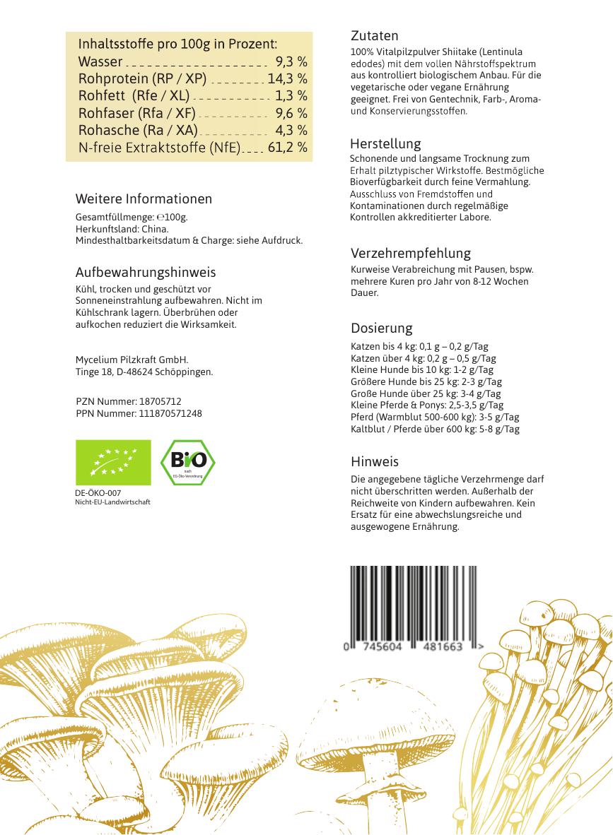 BIO Shiitake 100g Pulver für Tiere – Nährwertinformation und Anwendungshinweise (Rückseite, BIO Pilze)