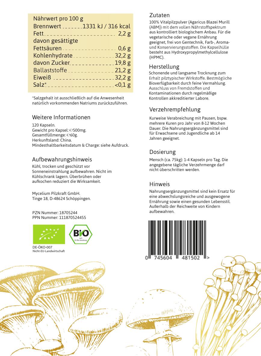 Vitalpilz ABM Agaricus_blazei_murrill Nährwertinformationen, Herstellung und Dosierungsempfehlungen - Etikett Rückseite