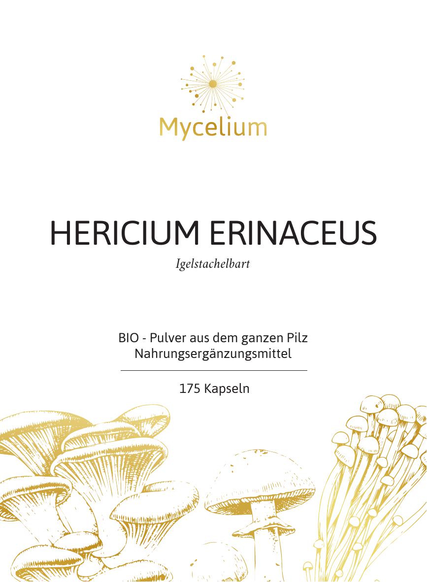Vitalpilz Hericium erinaceus BIO Pulver als Nahrungsergänzungsmittel in Kapseln - Etikett Vorderseite