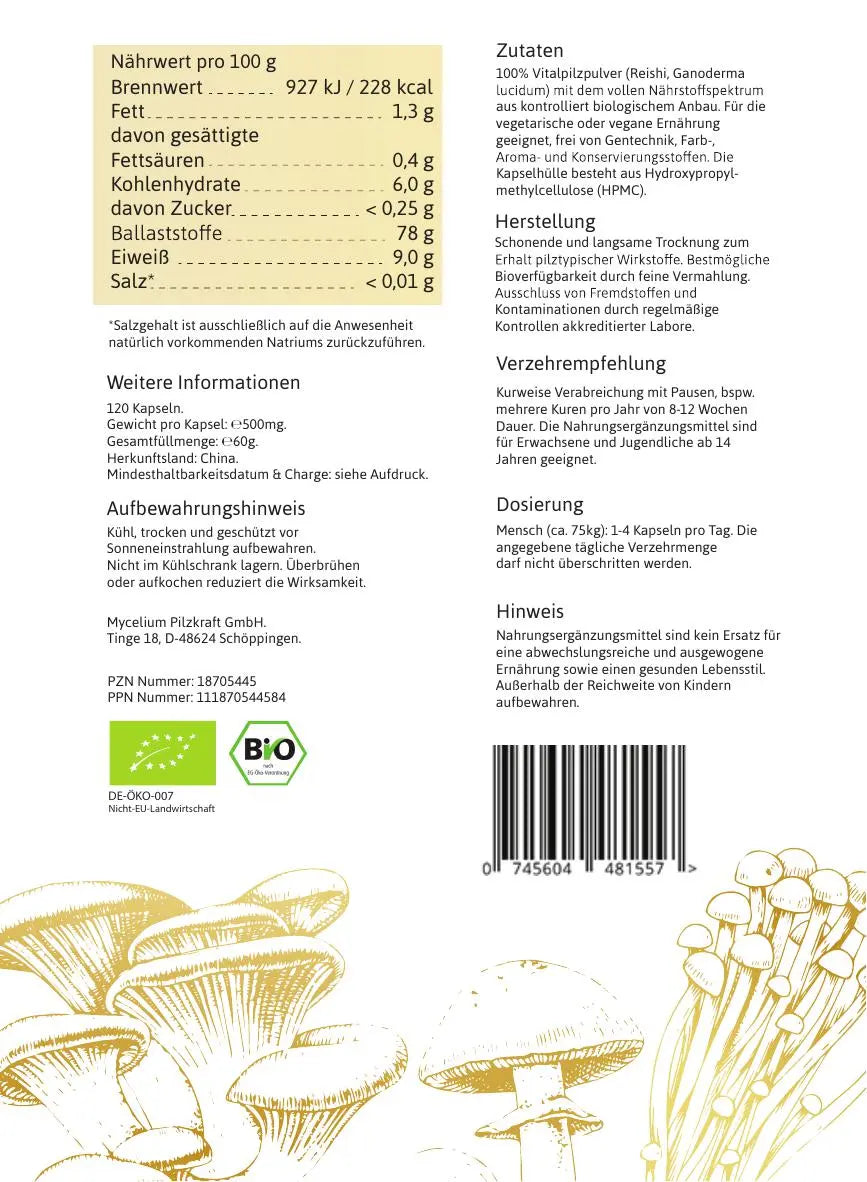 BIO Reishi (Ganoderma lucidum) - 120 Pulverkapseln Mycelium