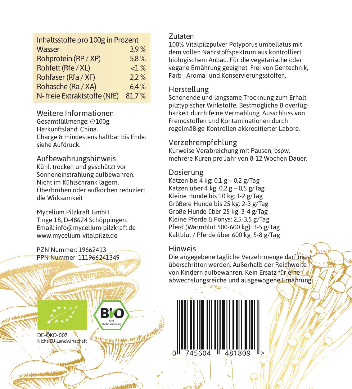 BIO Polyporus umbellatus Eichhase 100g Pulver für Tiere – Biologische Nährwertangaben und Anwendungshinweise (Rückseite)