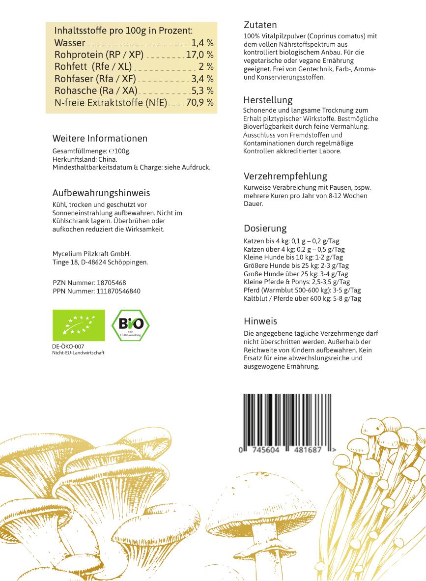 BIO Coprinus Comatus 100g Pulver für Tiere – Detaillierte biologische Nährwertangaben und Anwendungshinweise (Rückseite)