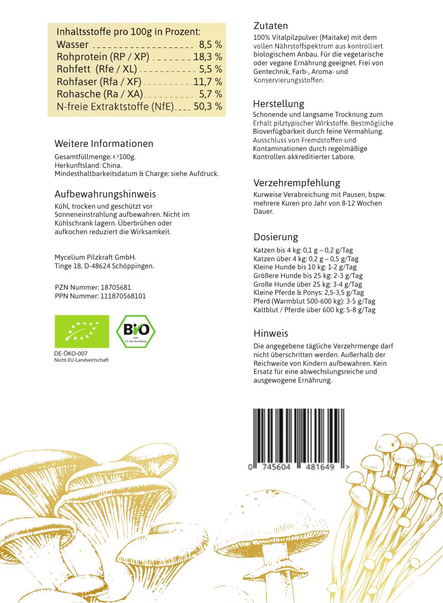 IO Maitake 100g Pulver für Tiere – Nährwertinformation und Anwendungshinweise (Rückseite, BIO Pilze)