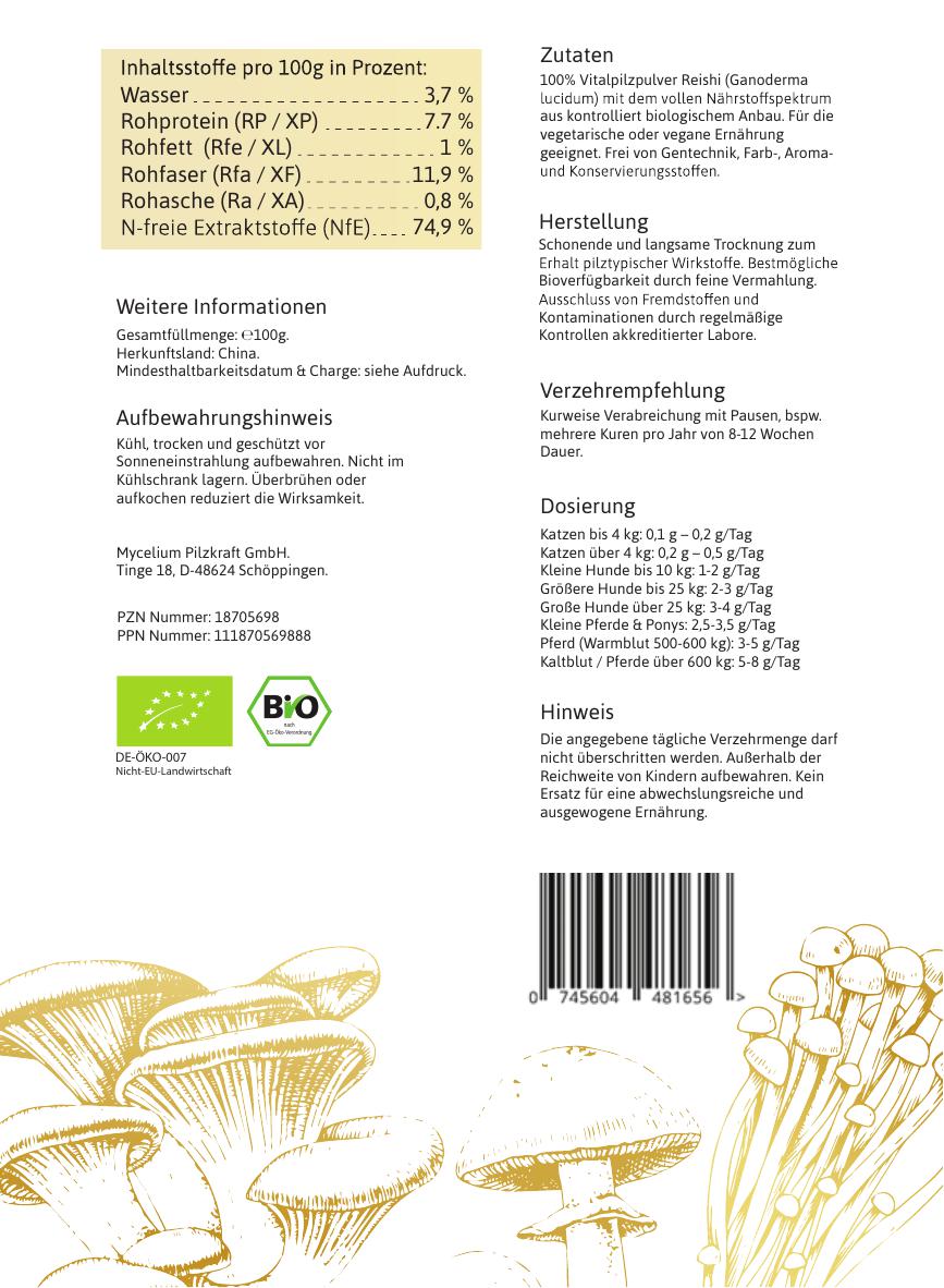 BIO Reishi 100g Pulver für Tiere – Nährwertinformation und Anwendungshinweise (Rückseite, BIO Pilze)