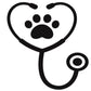 Abbildung eines Stethoskops mit einem herzförmigen Hörkopf, in dem sich eine Pfotenabdruck befindet, symbolisch für veterinärmedizinische Beratung zum Thema Vitalpilze durch externe Spezialisten.