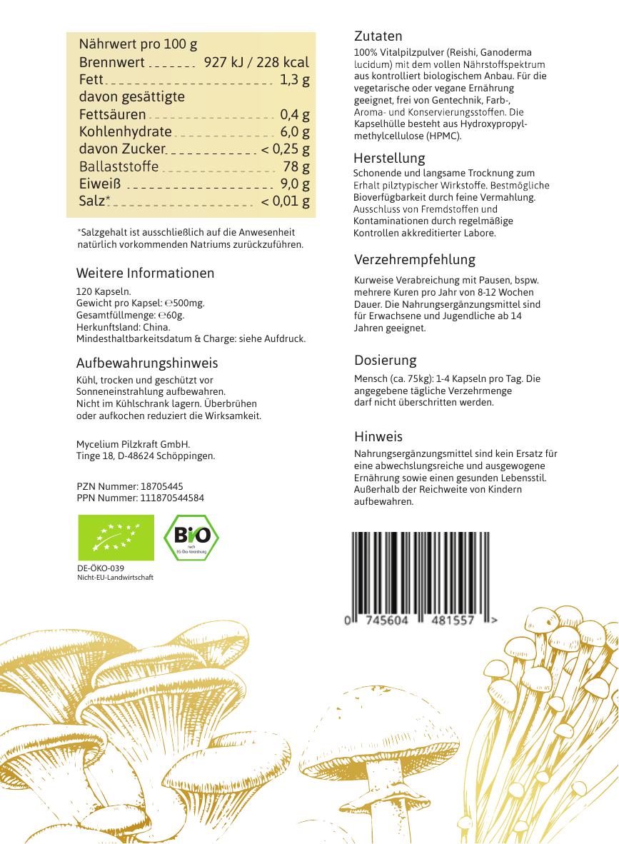 Vitalpilz REISHI Nährwertinformationen, Herstellung und Dosierungsempfehlungen - Etikett Rückseite