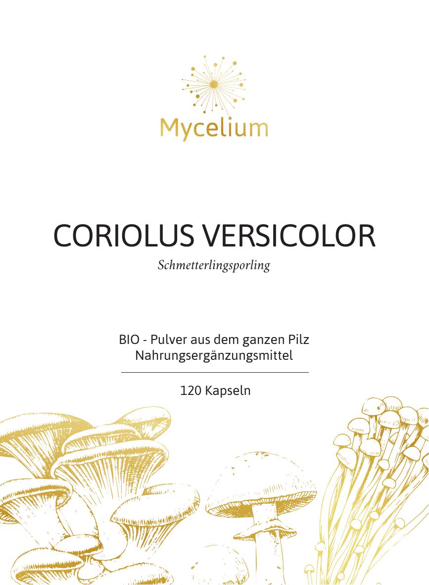Vitalpilz Coriolus_versicolor Coriolus_versicolor BIO Pulver als Nahrungsergänzungsmittel in Kapseln - Etikett Vorderseite