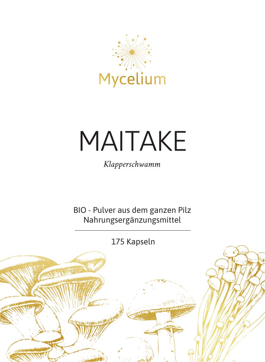 Vitalpilz Maitake BIO Pulver als Nahrungsergänzungsmittel in Kapseln - Etikett Vorderseite