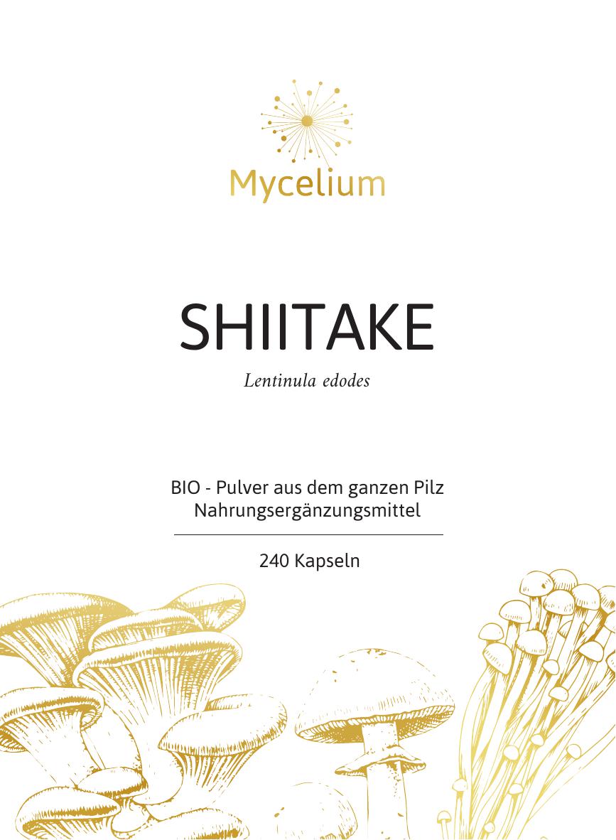 Vitalpilz Shiitake BIO Pulver als Nahrungsergänzungsmittel in Kapseln - Etikett Vorderseite