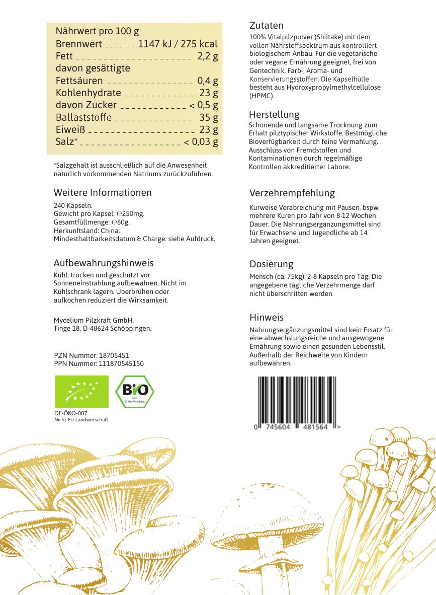 Vitalpilz Shiitake Nährwertinformationen, Herstellung und Dosierungsempfehlungen - Etikett Rückseite