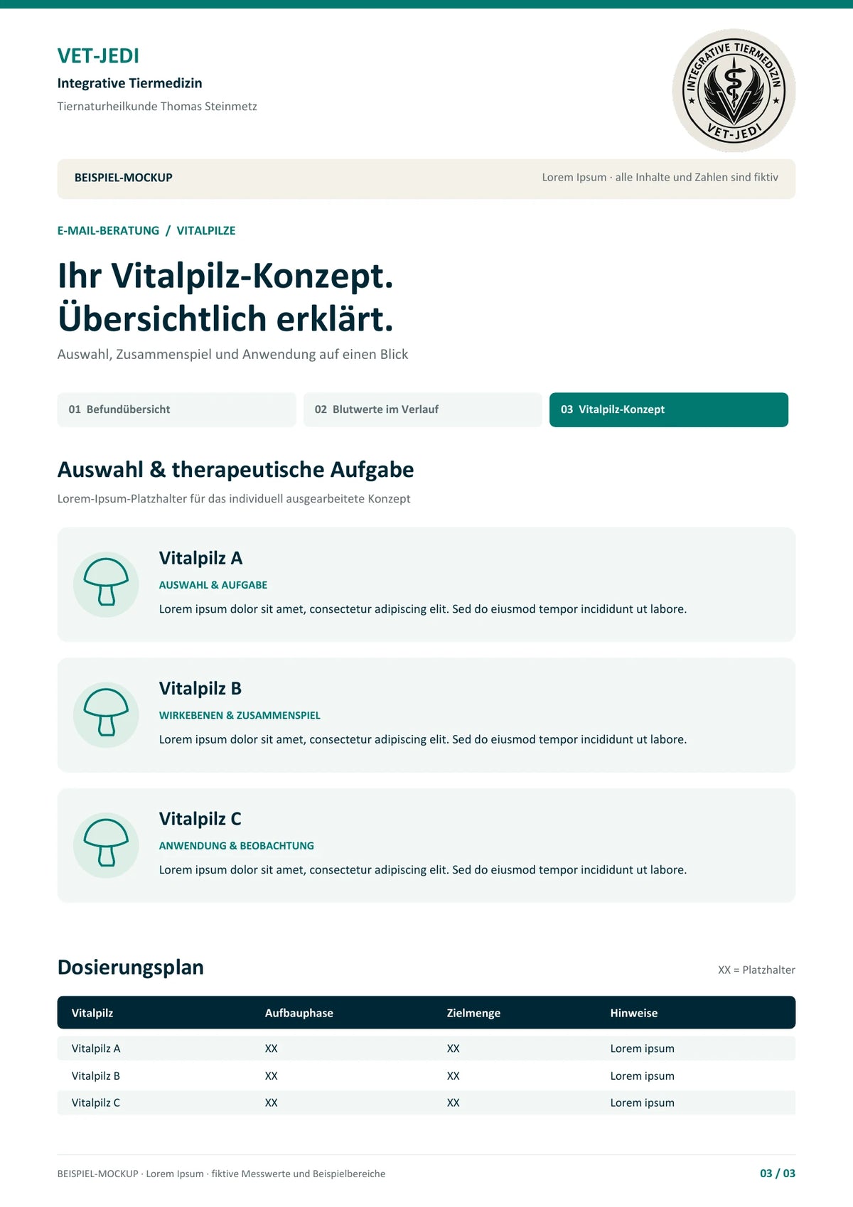 Beispielbild: Vitalpilz-Konzept mit Lorem-Ipsum-Texten und XX-Dosierungsplatzhaltern. Die Pilzauswahl und Anwendung werden individuell ausgearbeitet.