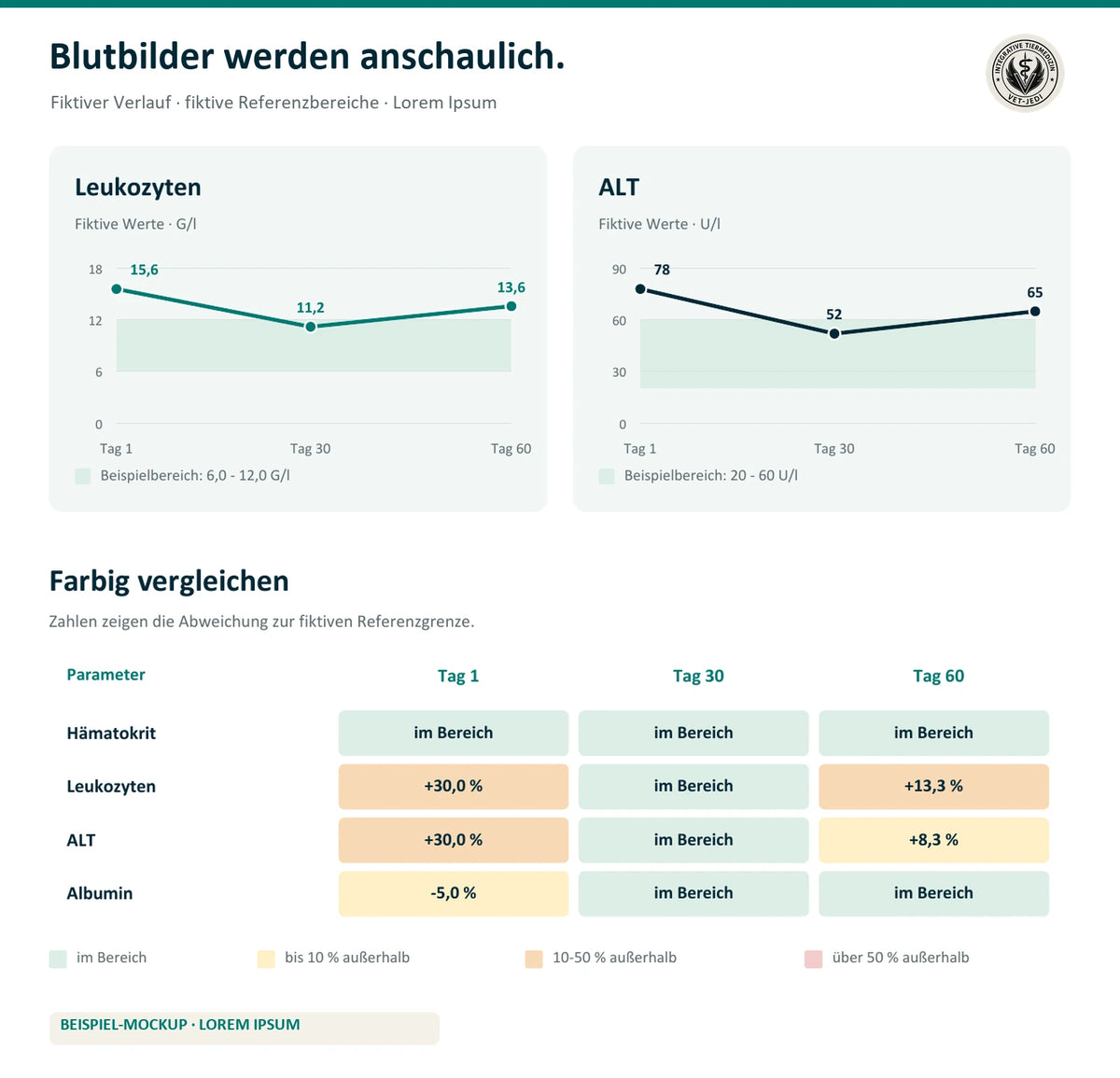 Beispielbild: Verlaufsgrafiken und farbige Vergleichstabelle mit fiktiven Blutwerten. Anzahl und Art der Grafiken hängen von den eingereichten Befunden ab.